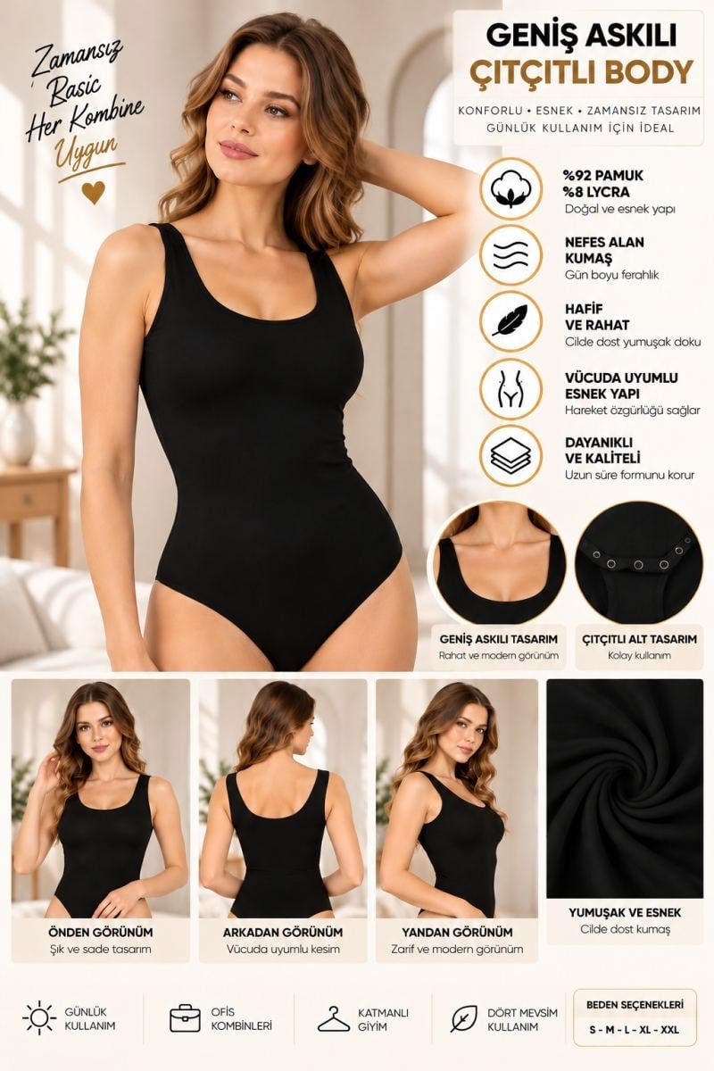 Kadın Geniş Askılı Çıtçıtlı Body Siyah, Esnek Kumaş, Vücuda Oturan Basic Kadın Body - ryl - 2701