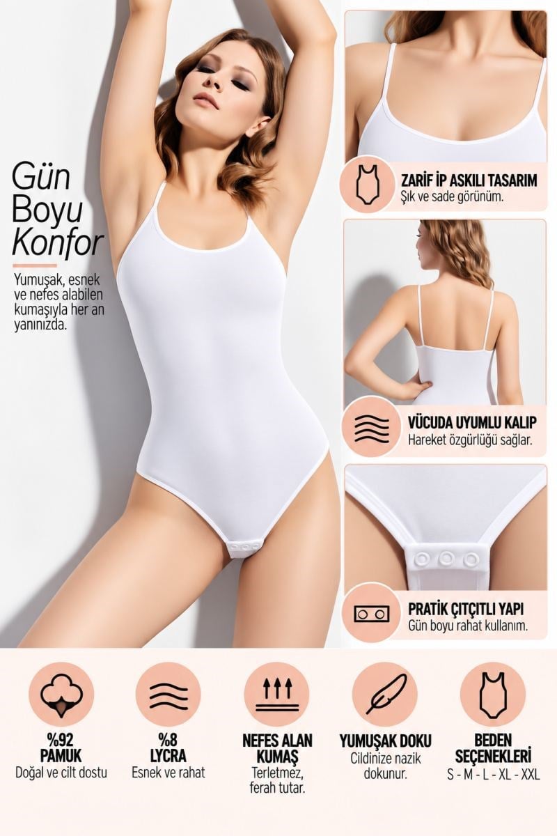 Kadın İp Askılı Çıtçıtlı Body Beyaz Esnek ve Yumuşak Kumaş, Vücuda Uyumlu - ryl - 2600