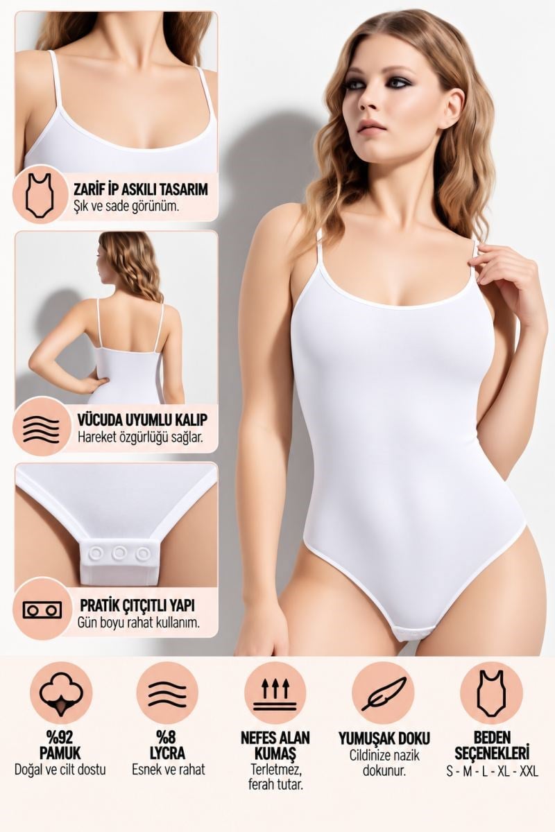 Kadın İp Askılı Çıtçıtlı Body Beyaz Esnek ve Yumuşak Kumaş, Vücuda Uyumlu - ryl - 2600