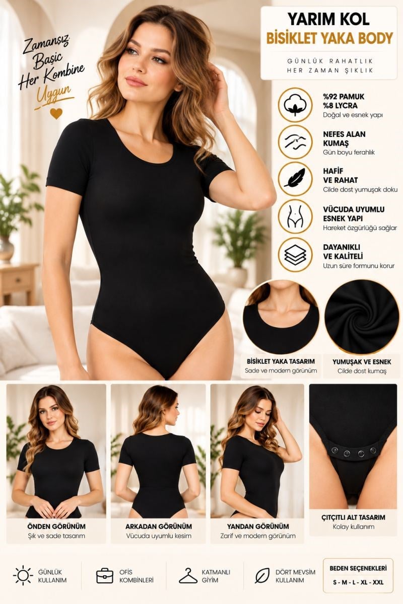 Kadın Yarım Kol Bisiklet Yaka Çıtçıtlı Body Siyah, Esnek Kumaş, Vücuda Oturan Basic Body - ryl - 2721