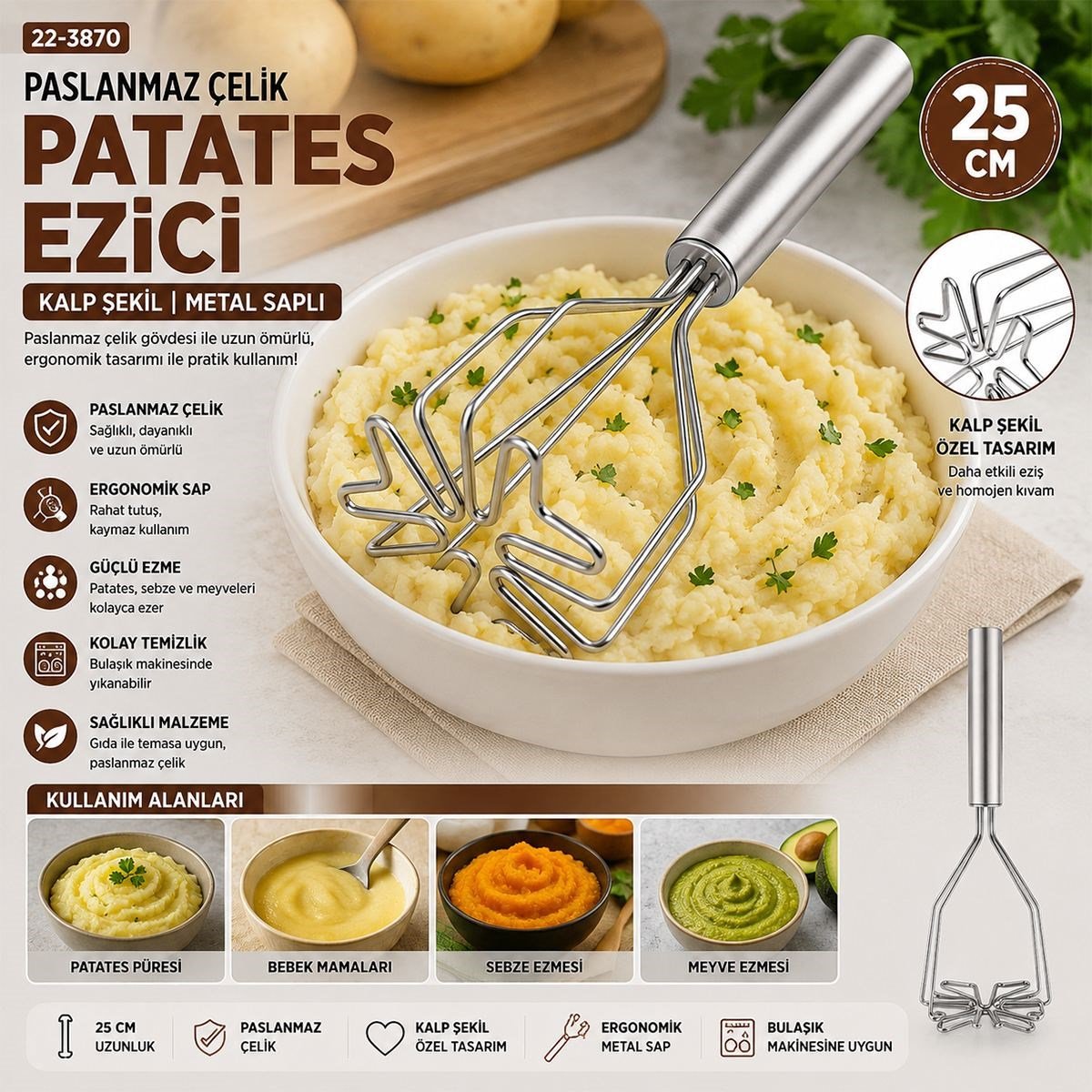 Kalp Şekilli Metal Patates Ezici 26 cm (Krom Saplı, 9 cm Başlık)