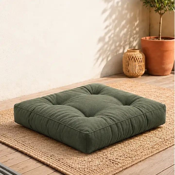 Kapitone Kare Yer Minderi · 60 × 60 × 5 cm · Haki