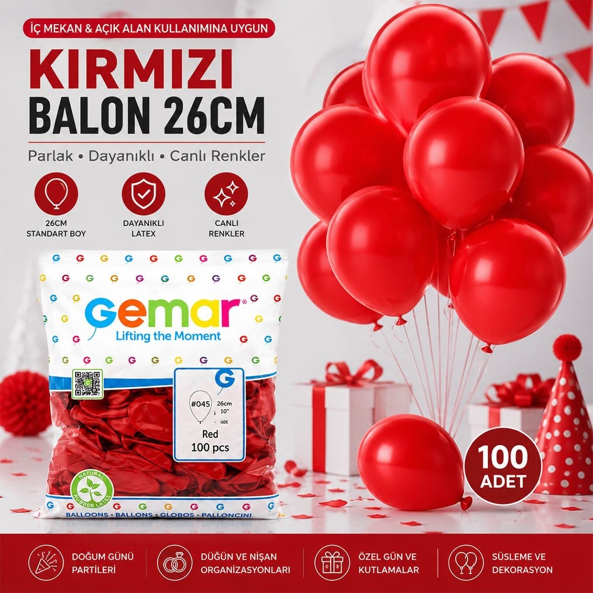 Kırmızı Lateks Balon 26 cm (10'') - 100'lü Paket