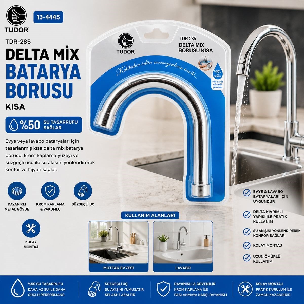 Kısa Evye-Lavabo Batarya Borusu (Krom, Süzgeçli Uç)