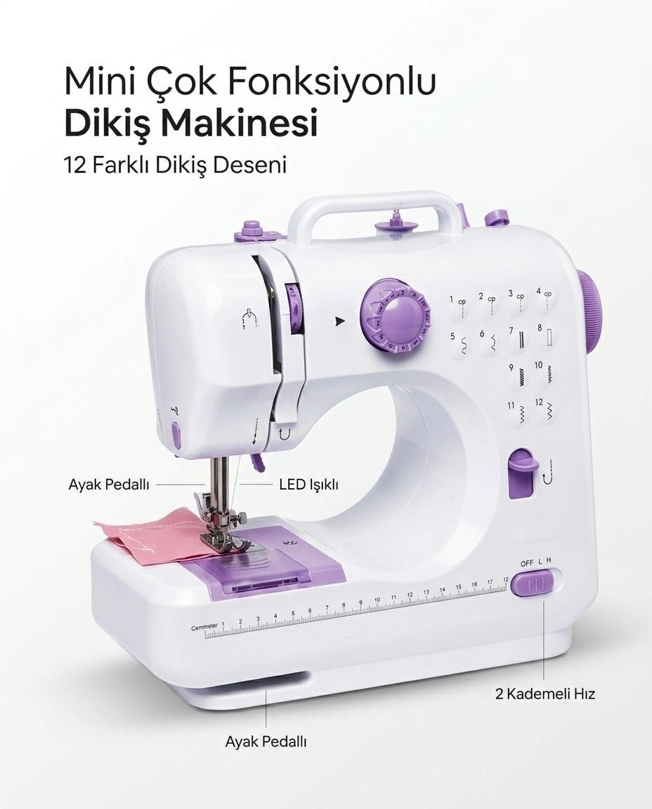 Kompakt Çok Fonksiyonlu Dikiş Makinesi 12 Desenli Ayarlanabilir Hızlı Ayak Pedallı