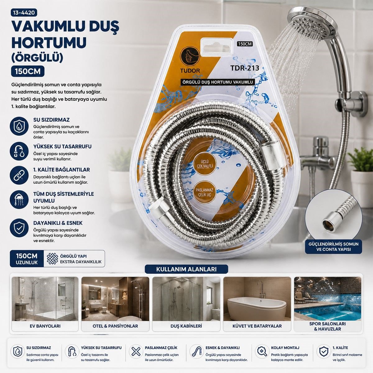 Krom Örgülü Vakumlu Duş Hortumu 150 cm