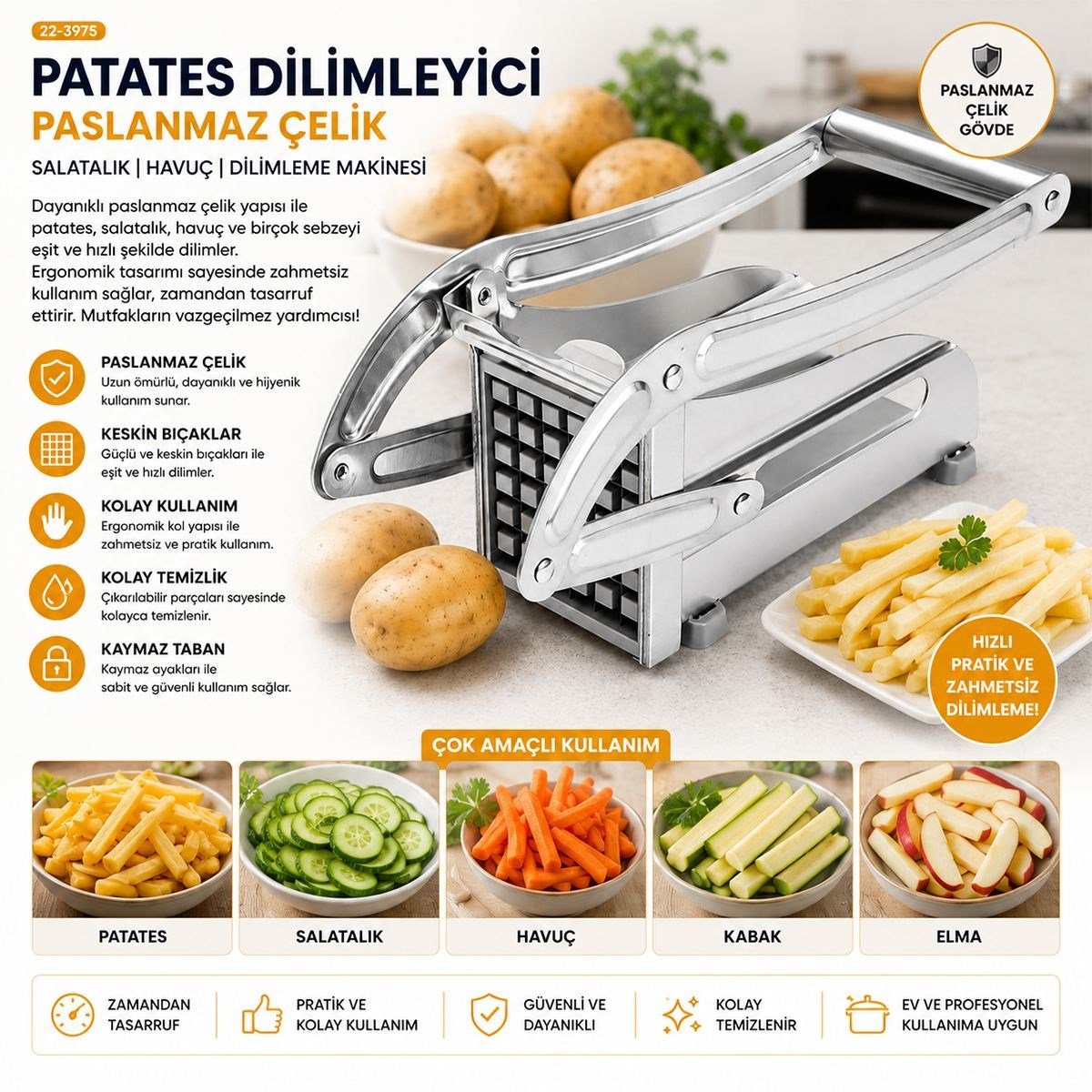 Manuel Patates ve Sebze Dilimleme Makinesi (Tam Metal, Üstten Kollu)
