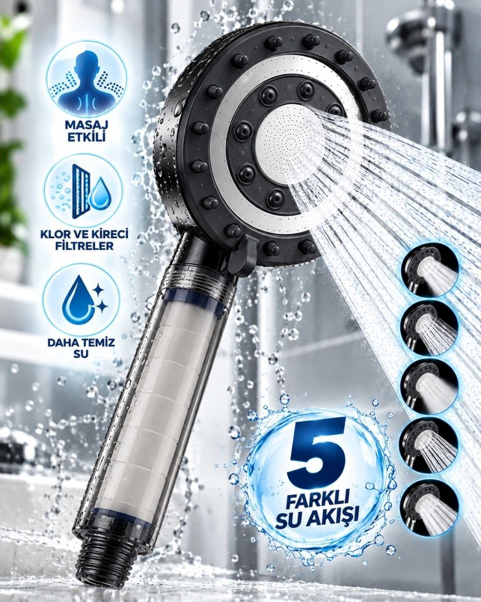 Masaj Etkili Filtreli Duş Başlığı 5 Fonksiyonlu Yağmur Sis Geniş  Su Akışı