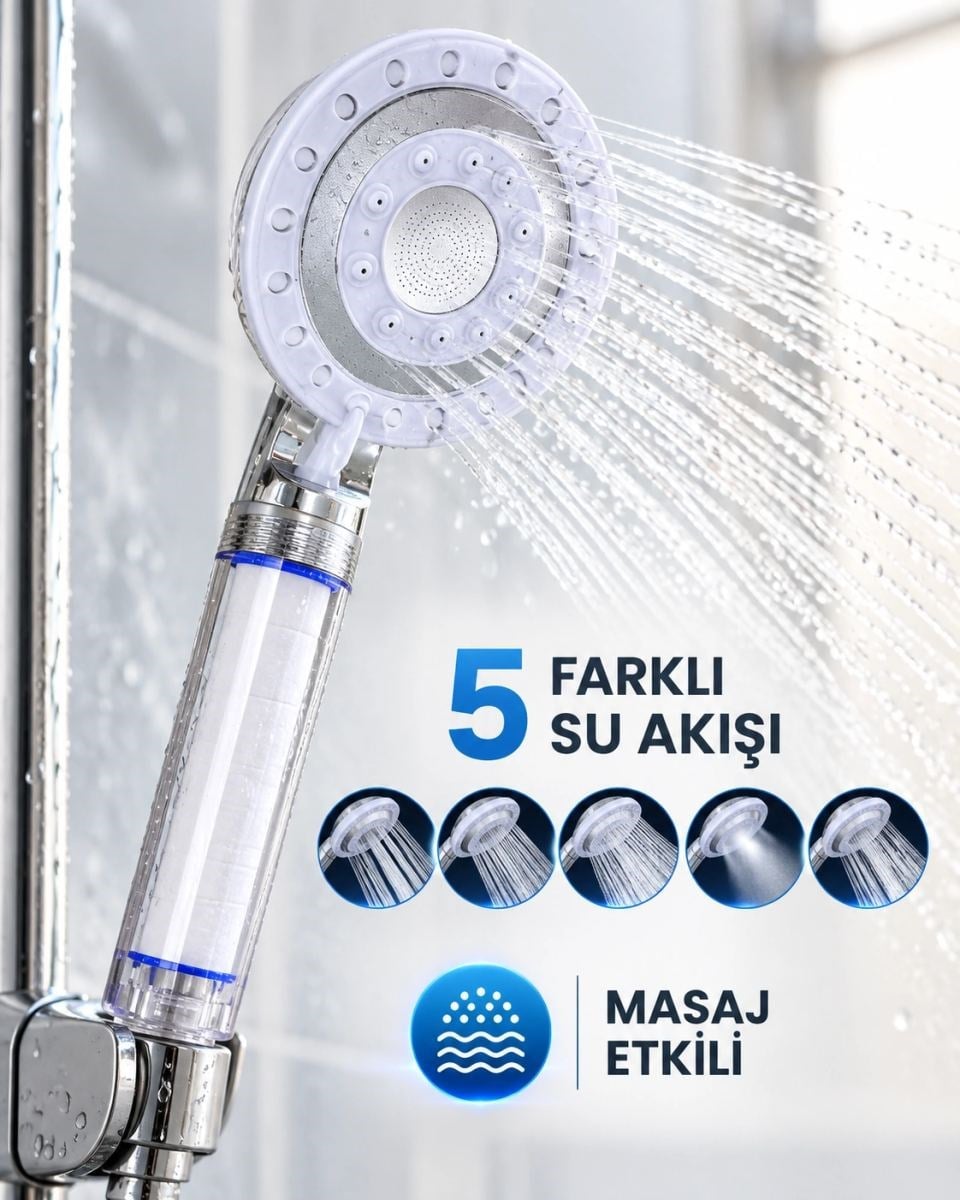 Masaj Etkili Filtreli Duş Başlığı 5 Fonksiyonlu Yağmur Sis Geniş  Su Akışı