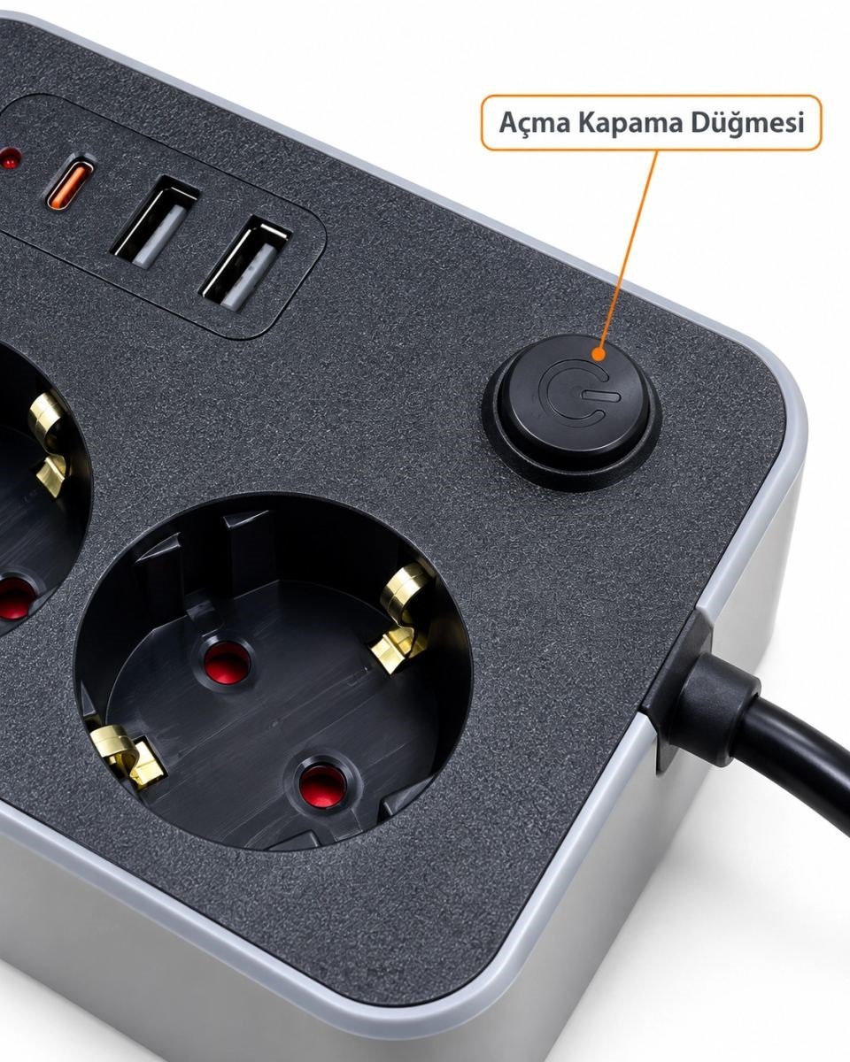 Masaüstü Kullanıma Uygun Anahtarlı Usb Ve Type C Çıkışlı Termal Akım Korumalı Priz