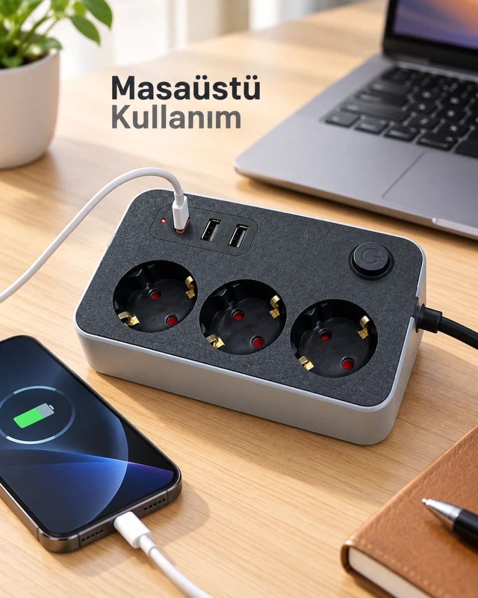 Masaüstü Kullanıma Uygun Anahtarlı Usb Ve Type C Çıkışlı Termal Akım Korumalı Priz