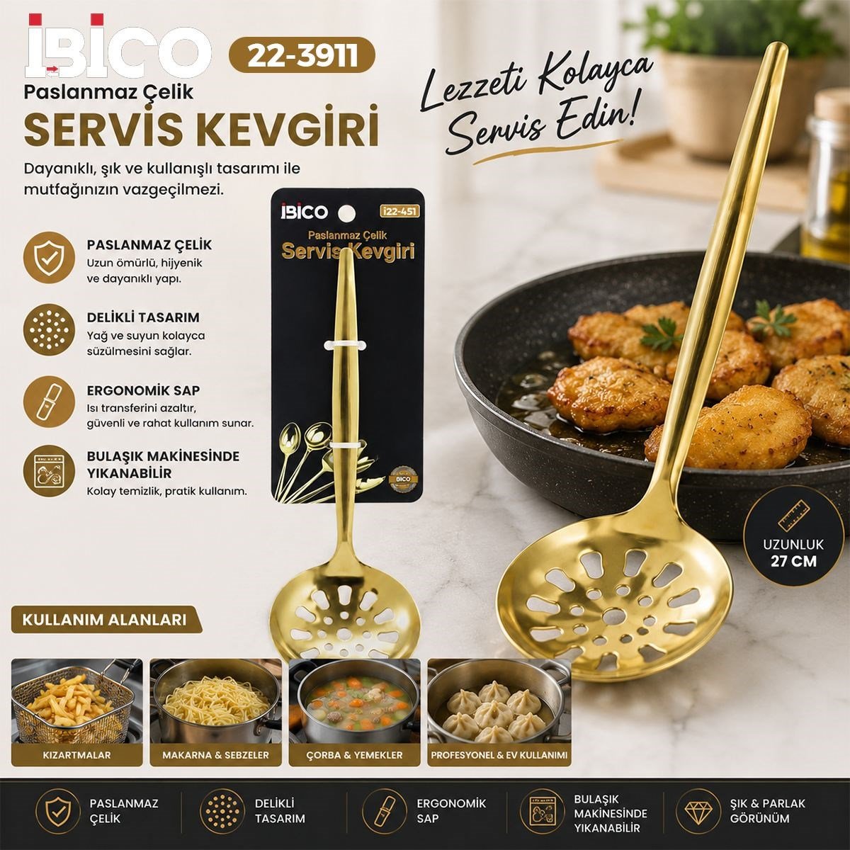 Metal Altın Servis Kevgir 27 cm