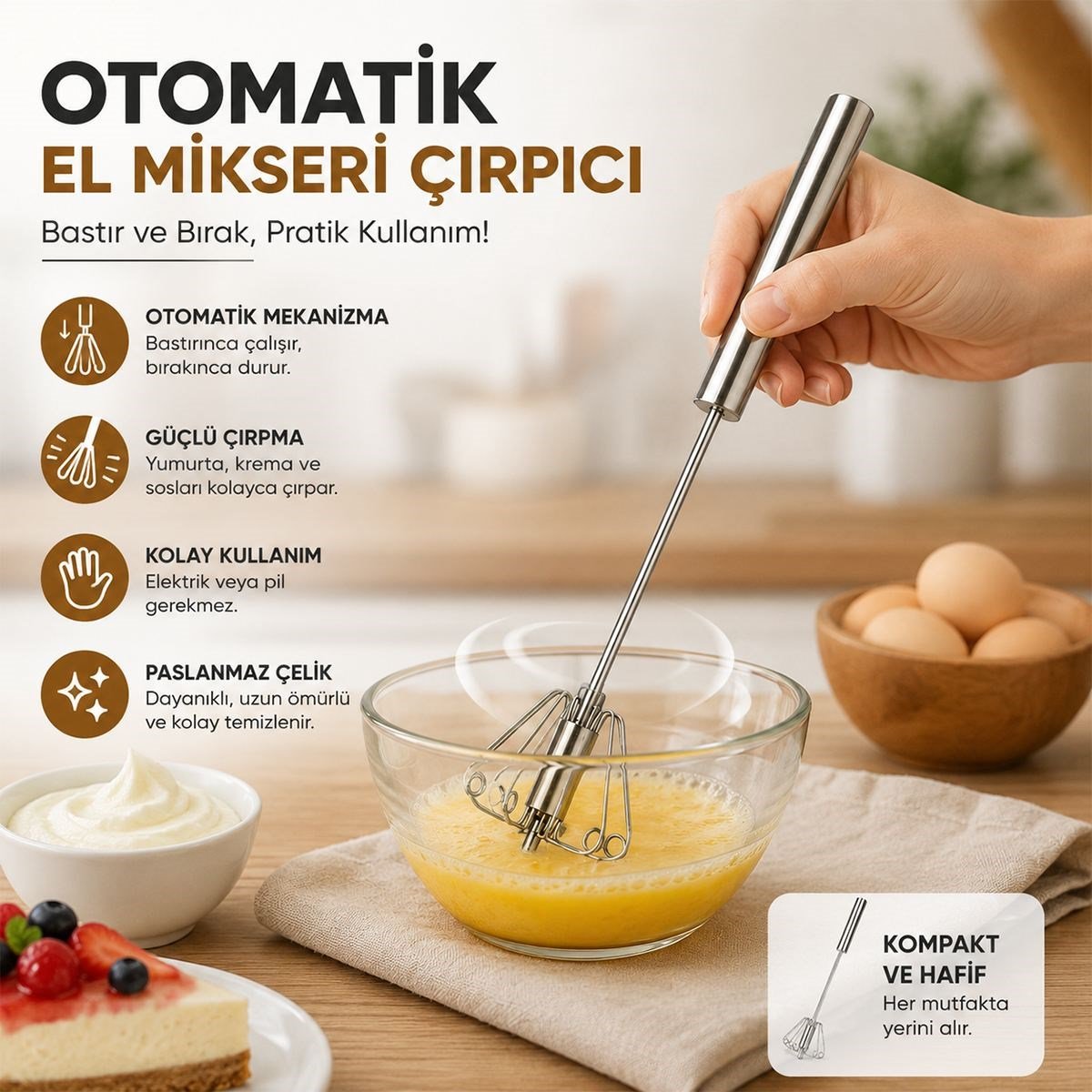Metal el mikser çırpıcı (Otomatik bas-bırak)