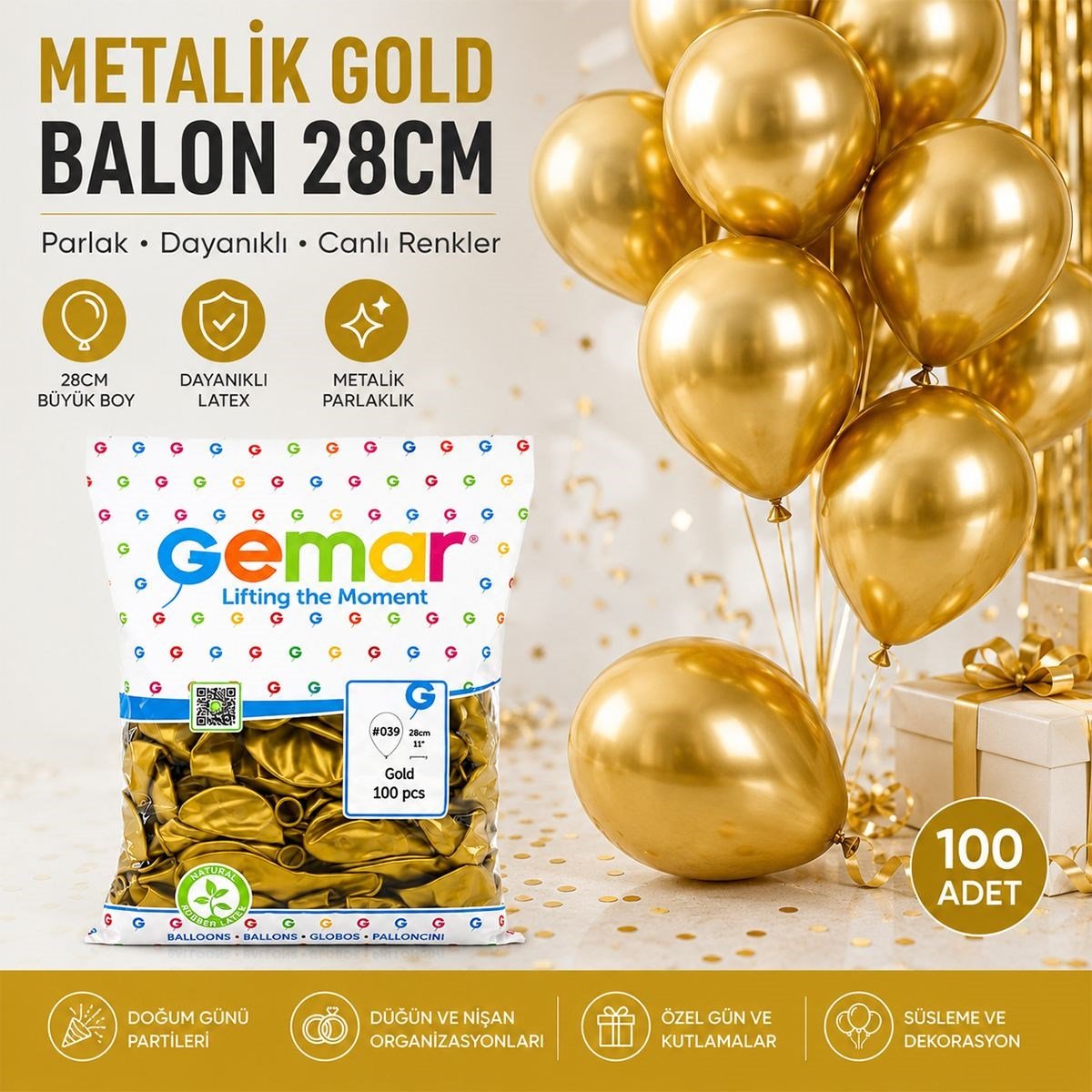 Metalik Gold Balon 11'' (28 cm) 100'lü Paket