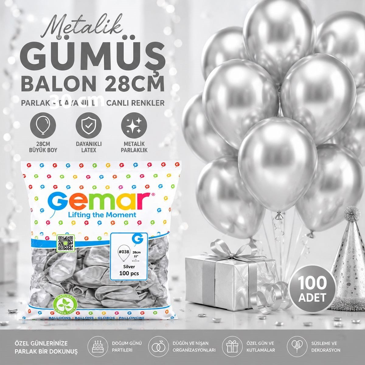 Metalik Gümüş Balon 11'' (28 cm) - 100'lü