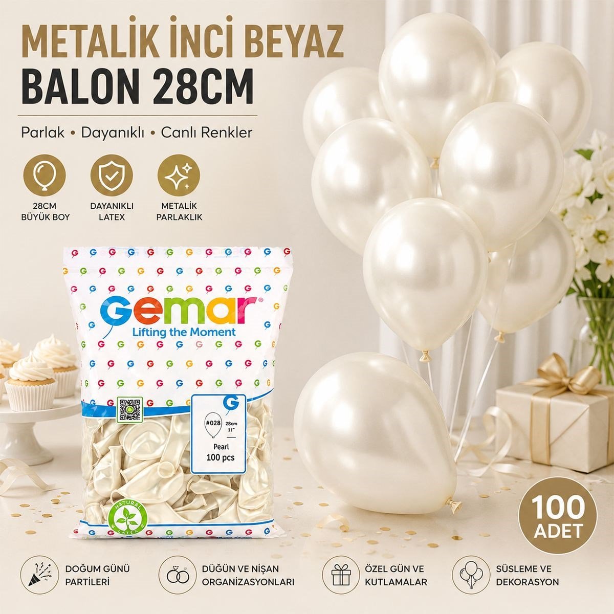 Metalik İnci Beyaz Balon 28 cm (11'') - 100 Adet