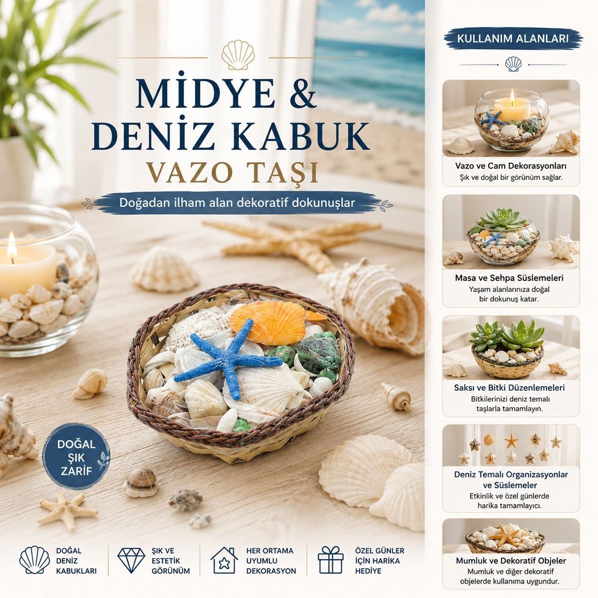 Midye ve Deniz Kabuğu Vazo Taşı Ahşap Sepetli