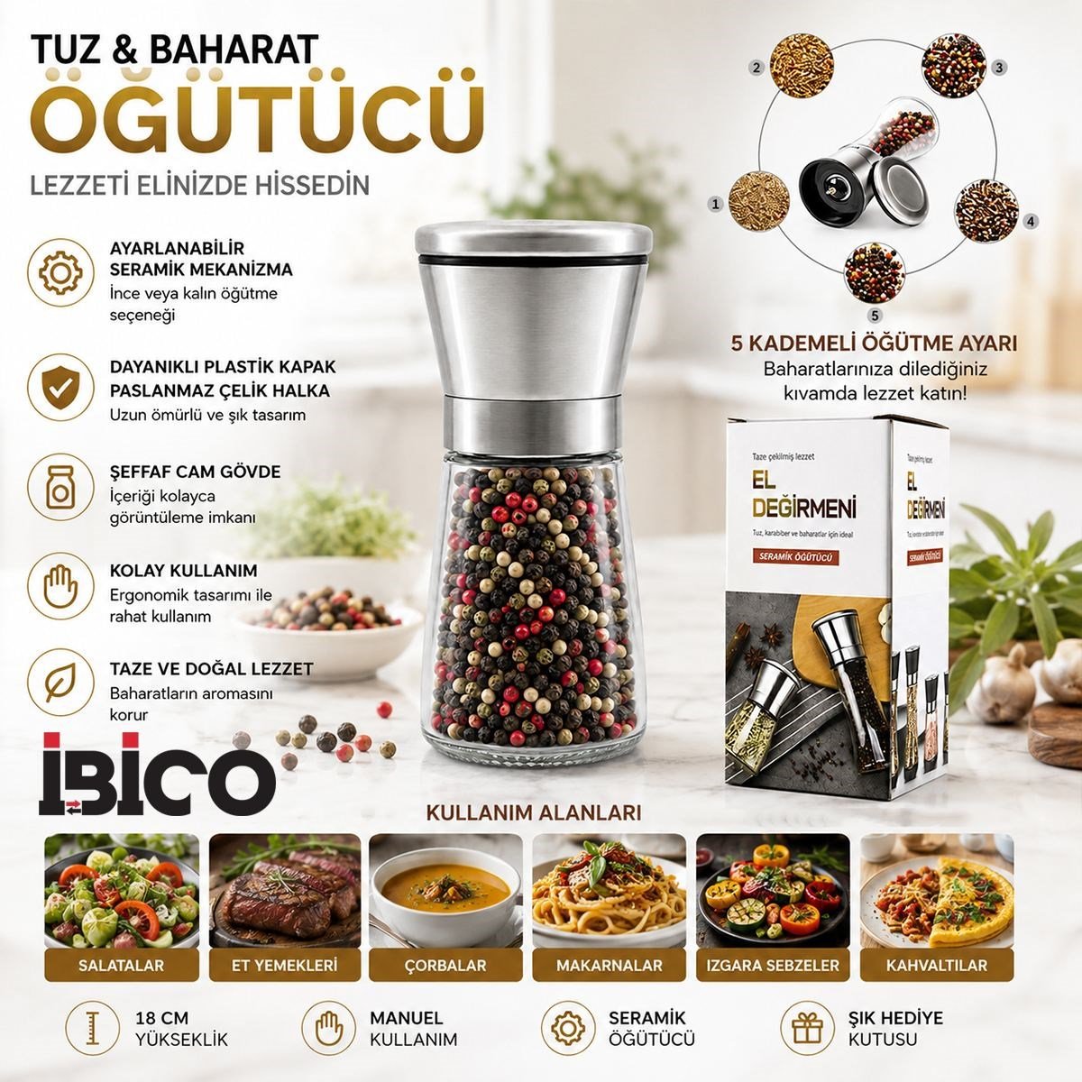Mini Cam Hazneli Tuz ve Baharat Öğütücü - Krom Kaplama