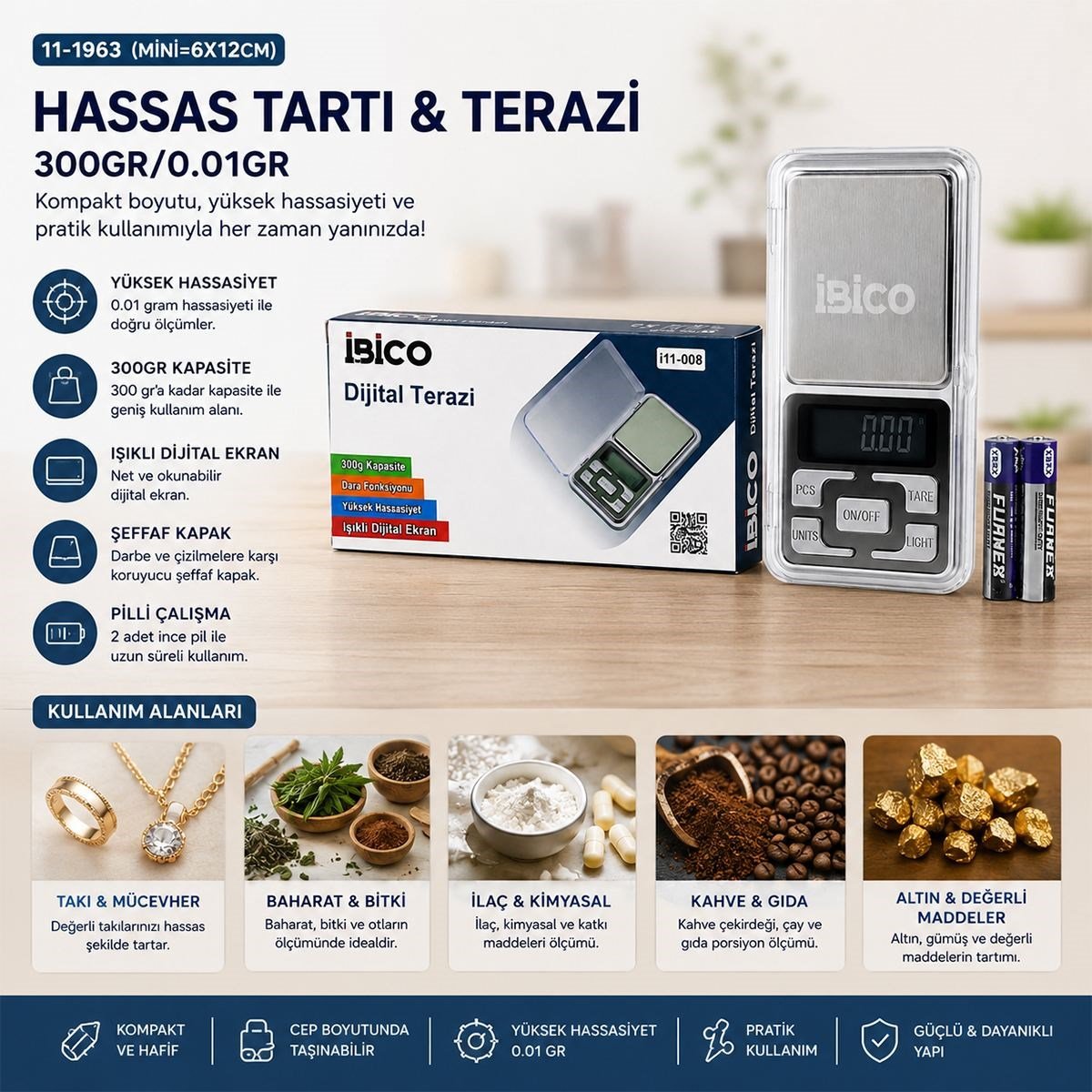 Mini Hassas Terazi 300g/0.01g (6x12 cm) Şeffaf Kapaklı, Pilli