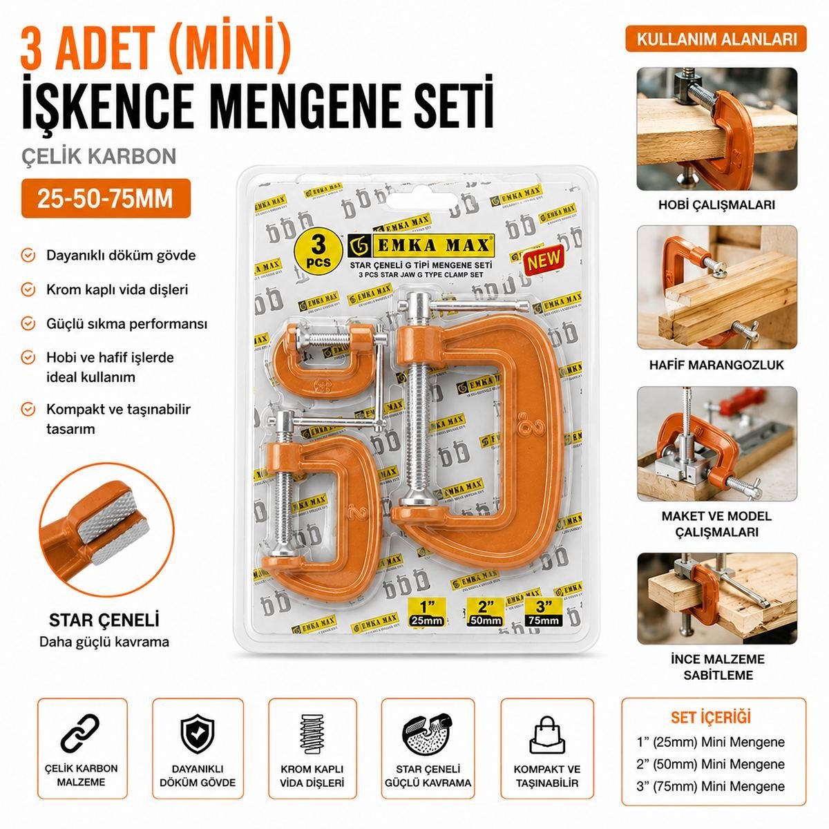 Mini Mengene Seti 3'lü (25-50-75 mm) Karbon Çelik