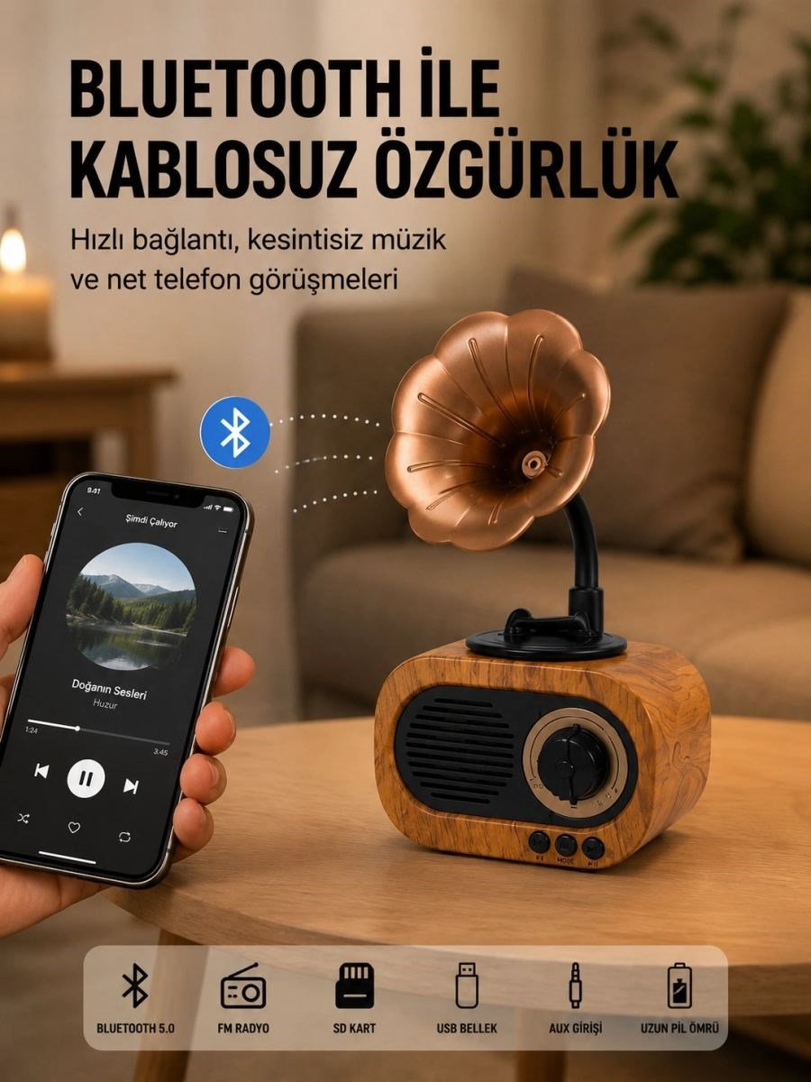 Mini Nostaljik Bluetooth Hoparlör Fm Radyo 8 Saat Batarya Yeni Nesil