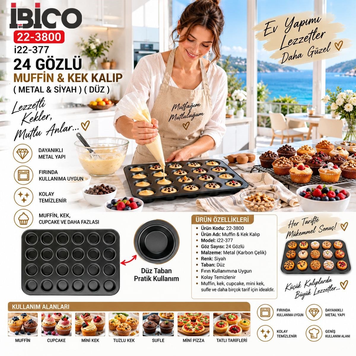 Muffin Kek Kalıbı 24 Bölmeli Siyah Metal