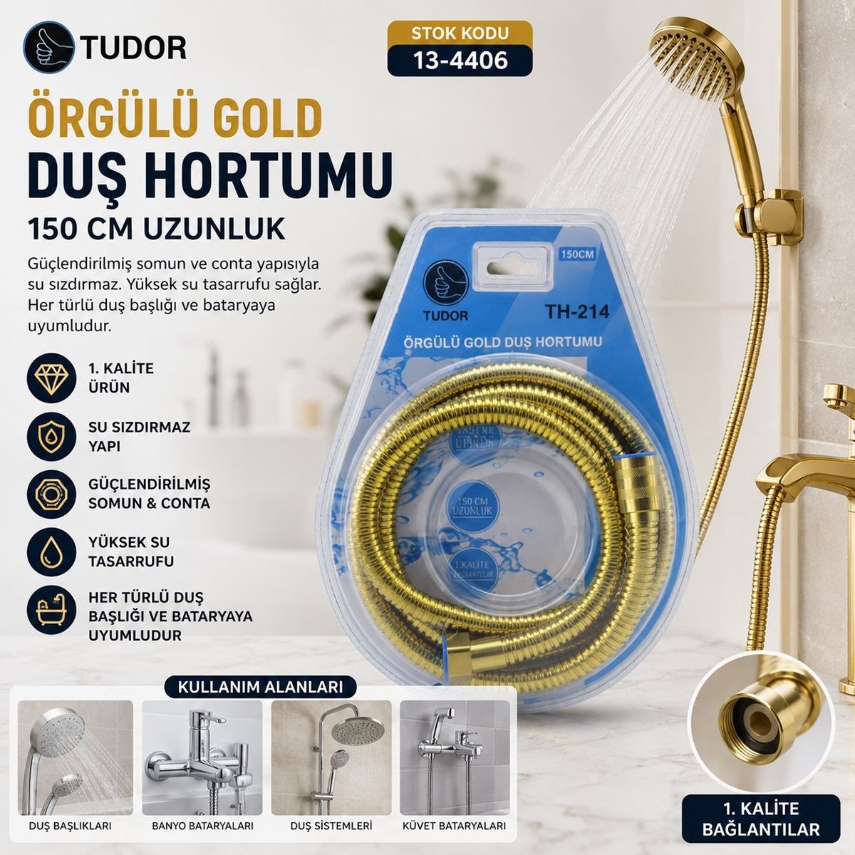 Örgülü Duş Hortumu 150 cm Gold