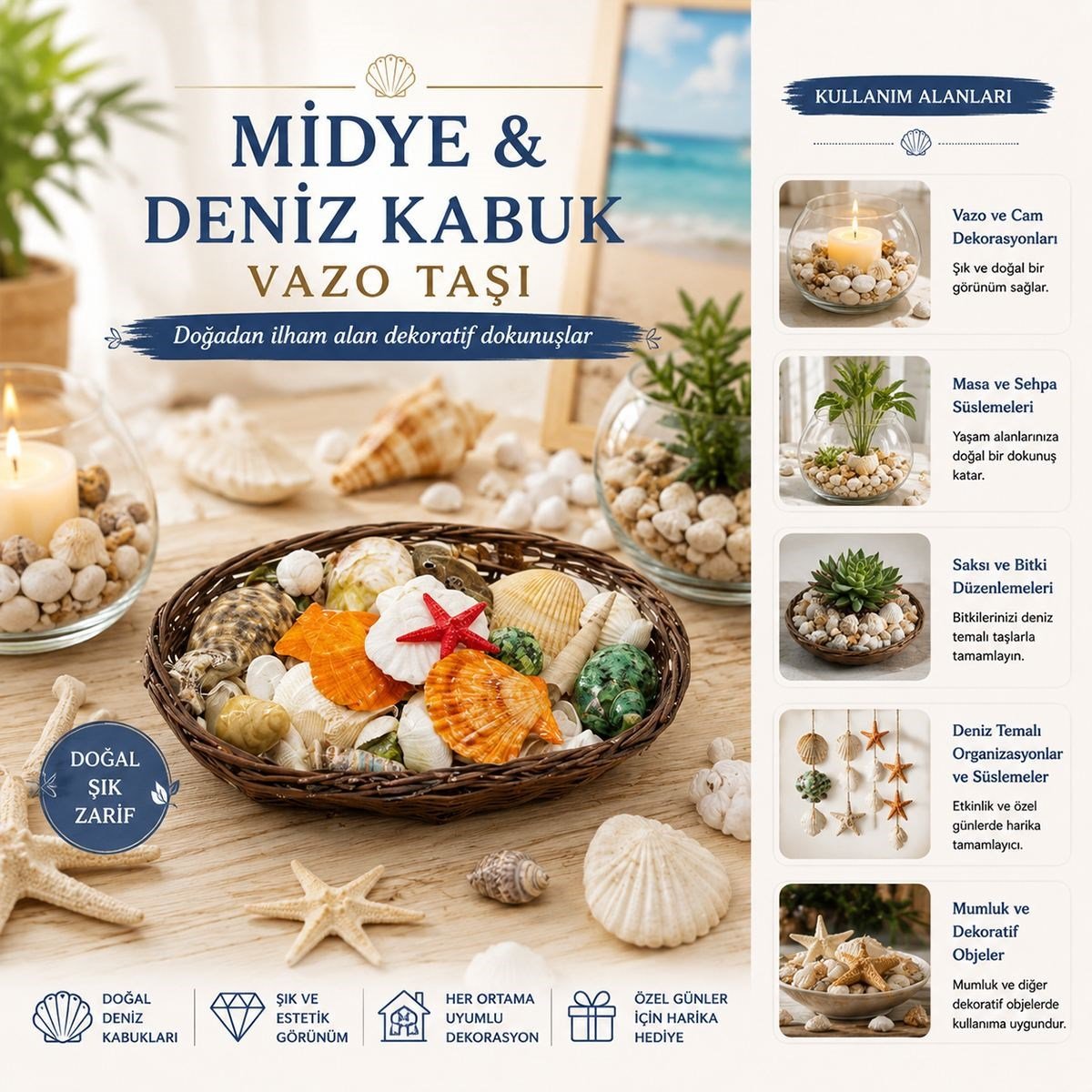 Oval Ahşap Sepet Deniz Kabuklu Vazo Taşı - Renkli Mix