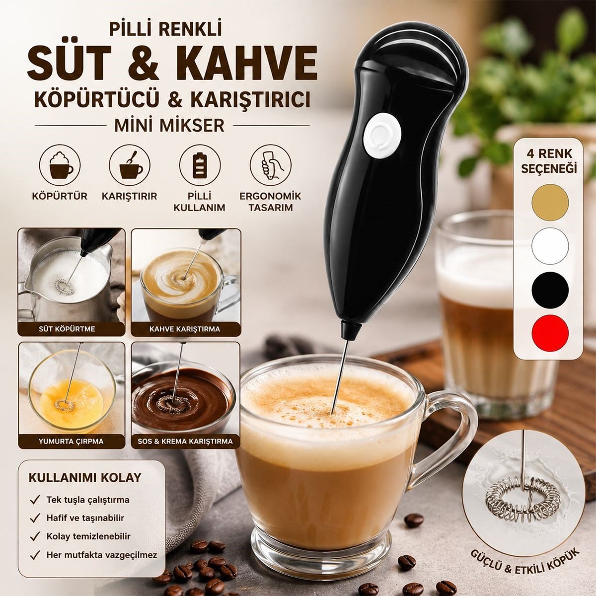 Pilli Mini Süt ve Kahve Köpürtücü