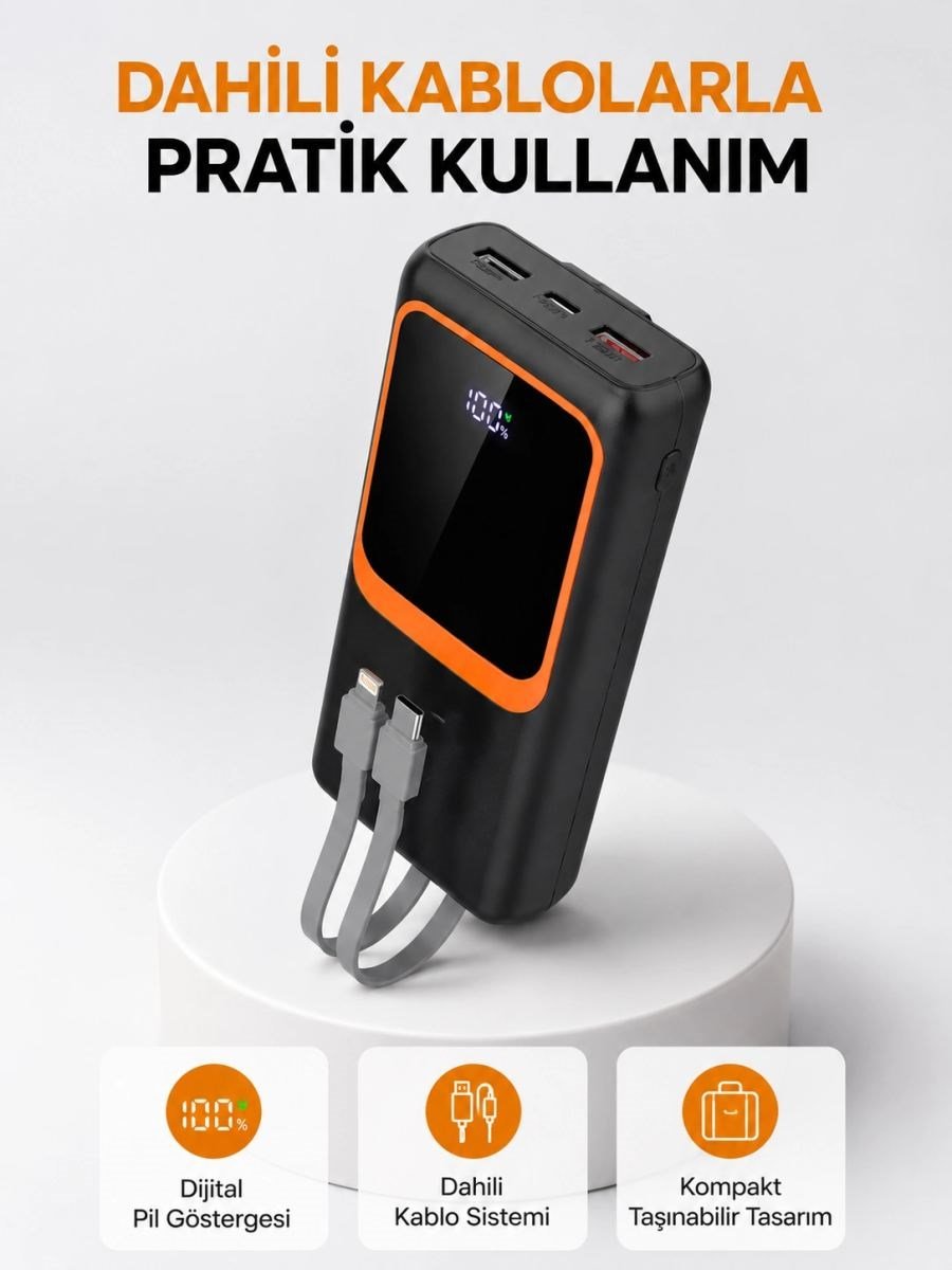 Powerbank 20000 Mah Dijital Ekranlı Ve Çok Kablolu Hızlı Şarj Cihazı