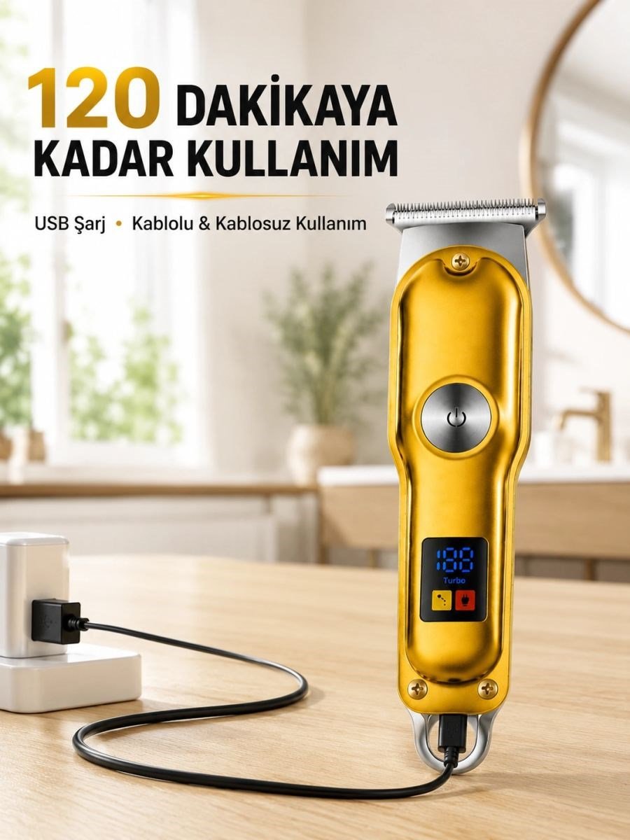 Profesyonel Saç Sakal Tıraş Makinesi T Bıçaklı Turbo Modlu Led Ekranlı 3 Taraklı Şarjlı
