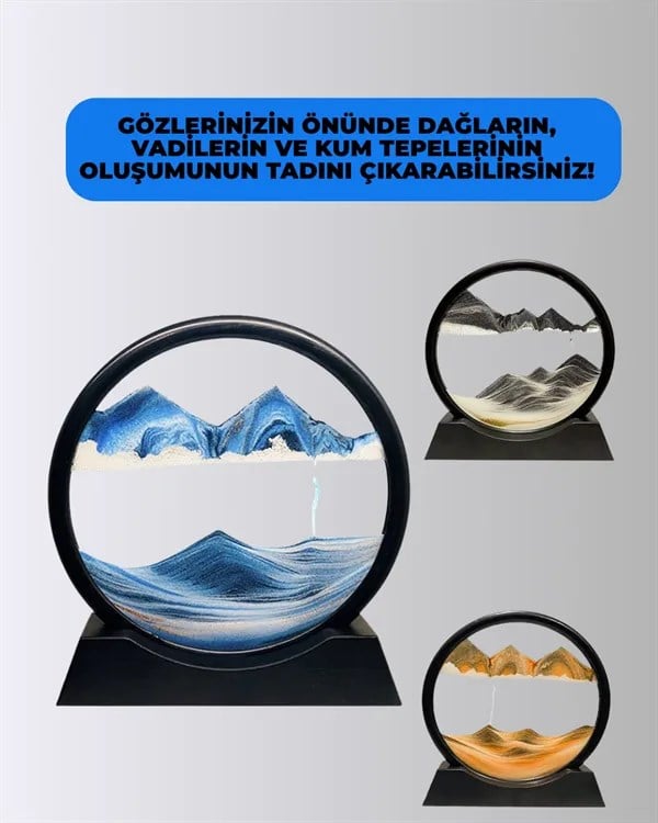 Rahatlatıcı Kum Sanatı – Yuvarlak Cam Çerçeveli Hareketli Kum Resmi, Ofis ve Ev İçin Etkileşimli Masaüstü Süs