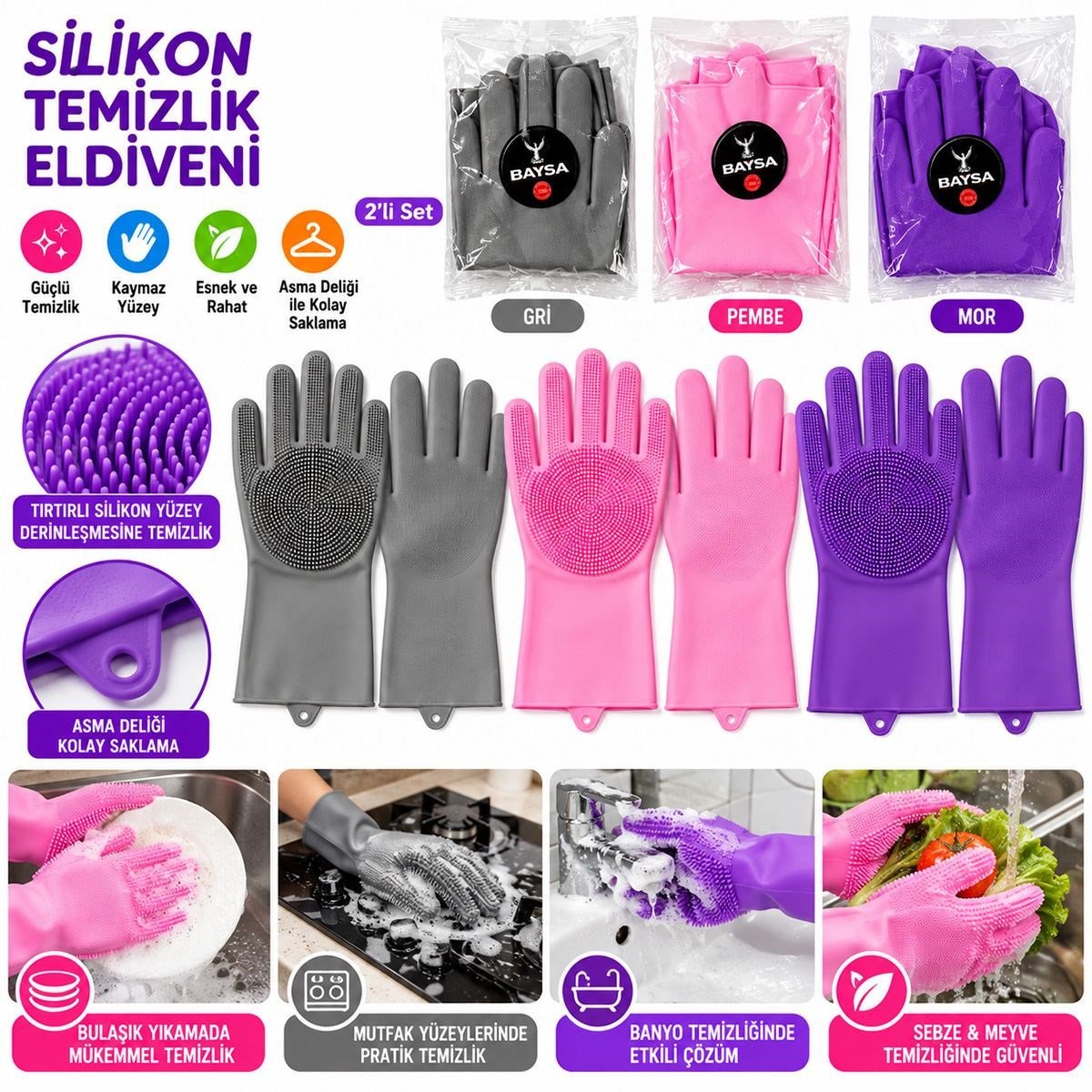 Renkli Silikon Tırtırlı Bulaşık Eldiveni (1 Adet)