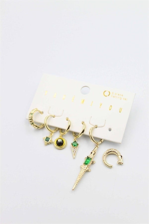 Renkli Taşlı Set Küpe - Altın