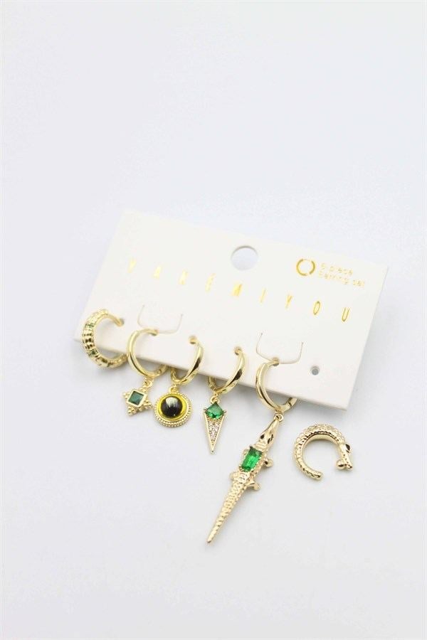 Renkli Taşlı Set Küpe - Altın