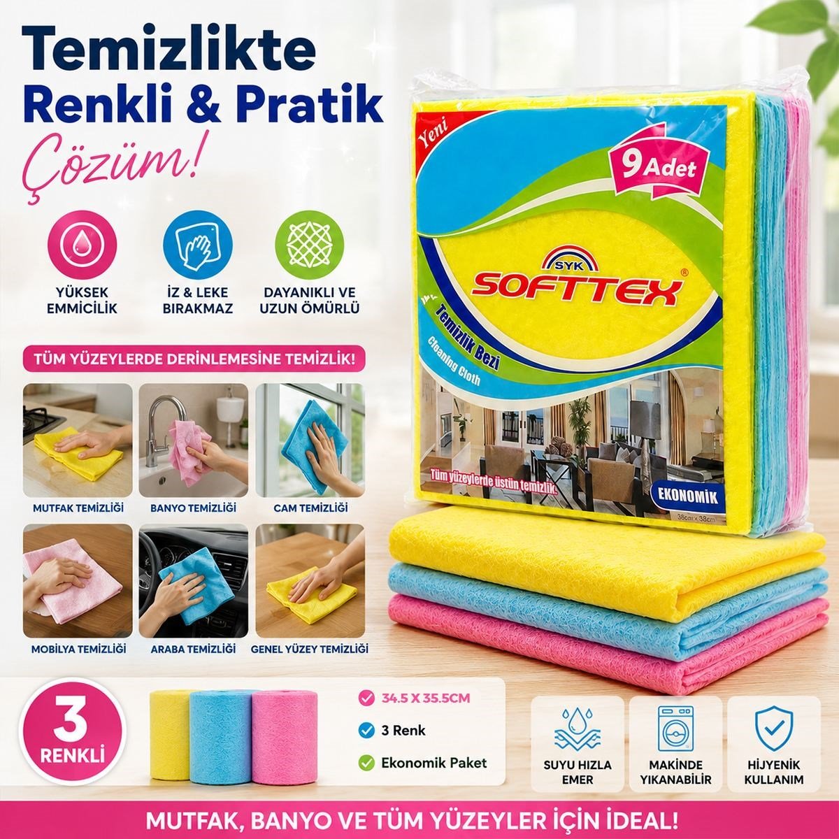 Renkli Temizlik Bezi 9'lu (34.5x35.5 cm) - Ekonomik Paket