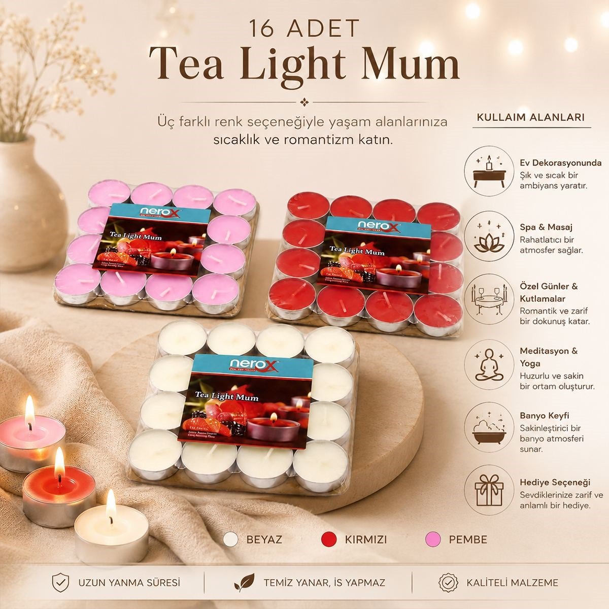 Renkli Yuvarlak Tea Light Mum 16'lı