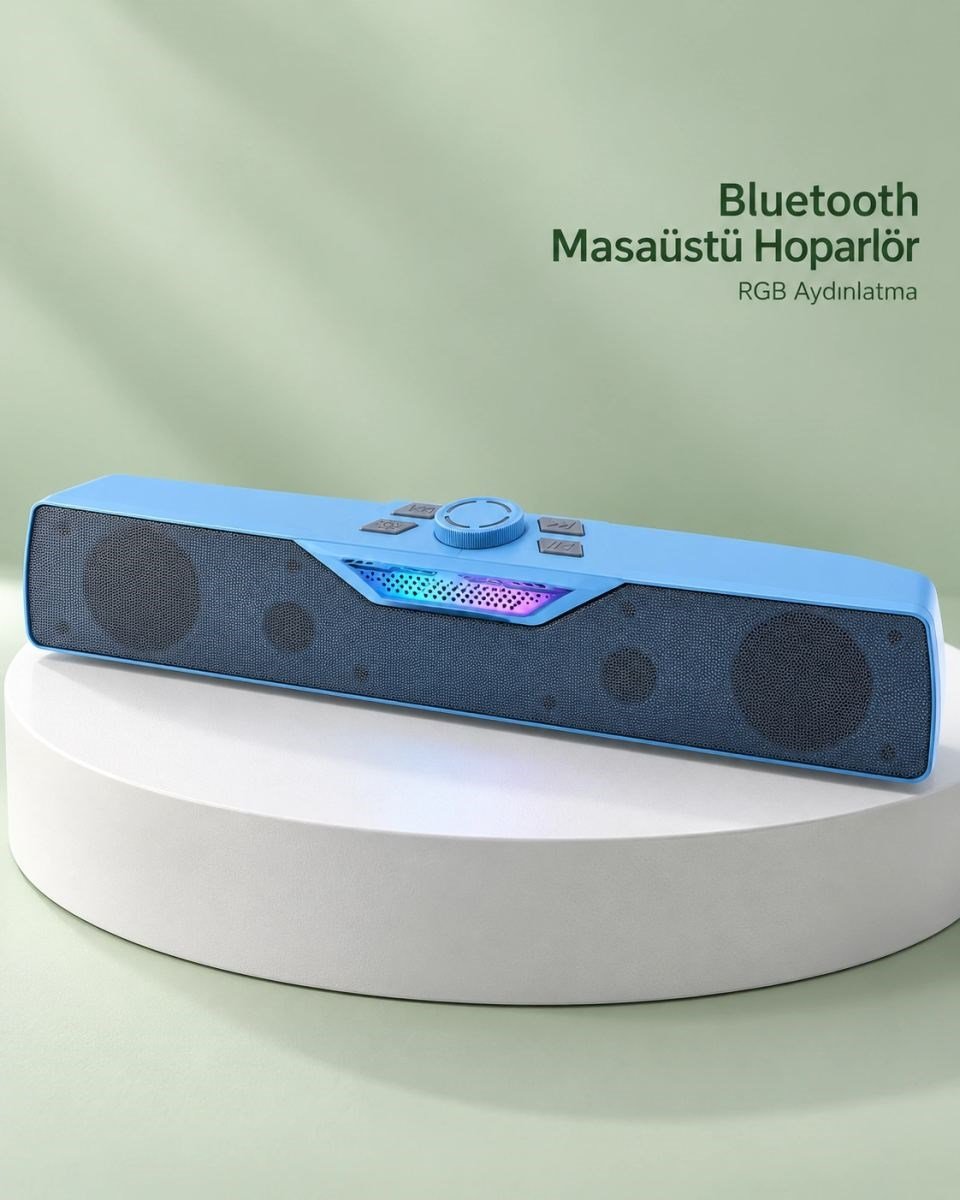 Rgb Işıklı Bluetooth 5.4 Masaüstü Soundbar Hoparlör Usb Ve Tf Kart Destekli Mavi