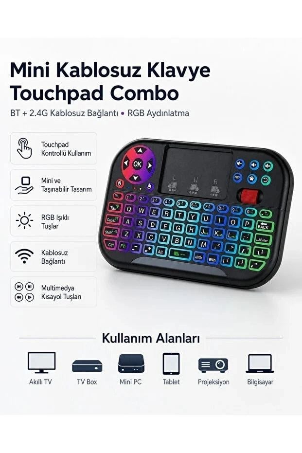 Rgb Işıklı Mini Kablosuz Klavye Touchpad Combo, Bluetooth Ve 2.4g Smart Tv Kumandası