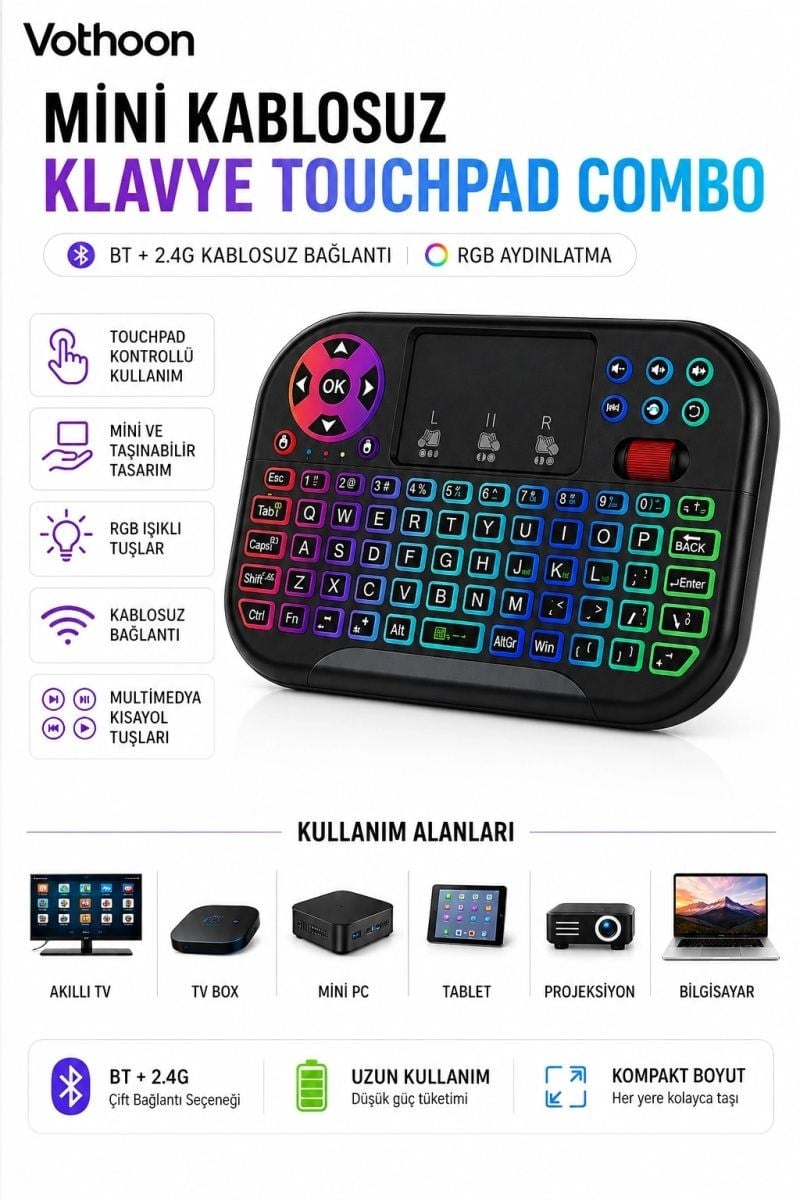 Rgb Işıklı Mini Kablosuz Klavye Touchpad Combo, Bluetooth Ve 2.4g Smart Tv Kumandası