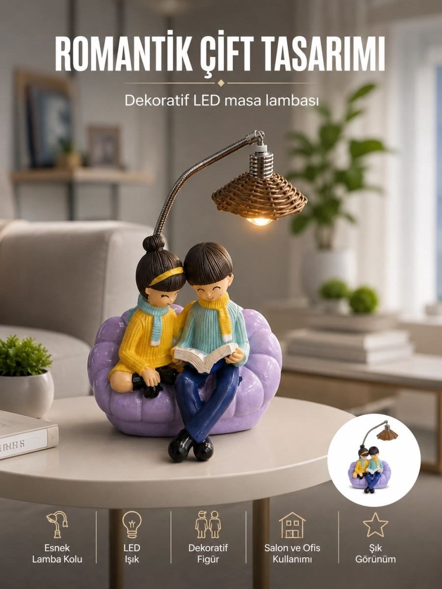 Romantik Çift Figürlü Okuyan Çift Masa Lambası Dekoratif Led Aydınlatma