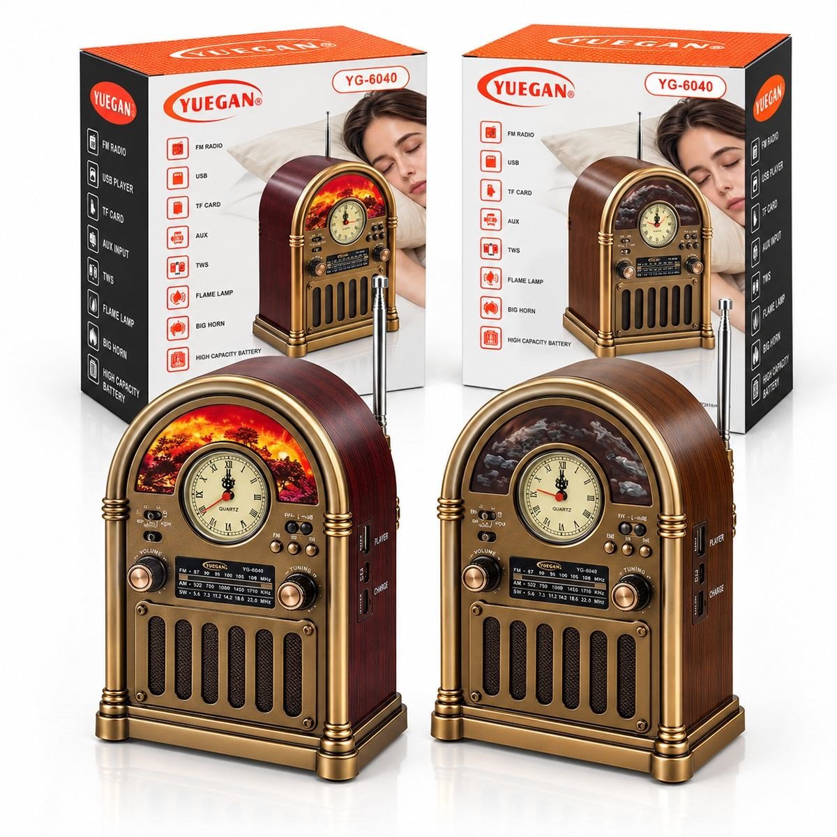 Saatli Retro Şömine Radyo Hoparlör - Bluetooth USB Type-C