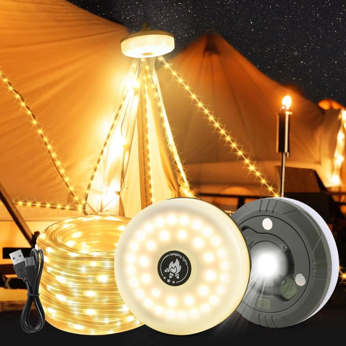 Şarjlı 10 Metre Ledli Şarj Göstergeli 8 Işık Modlu Hareketli Ve Flaşör Modlu Kamp Lambası Led Işık