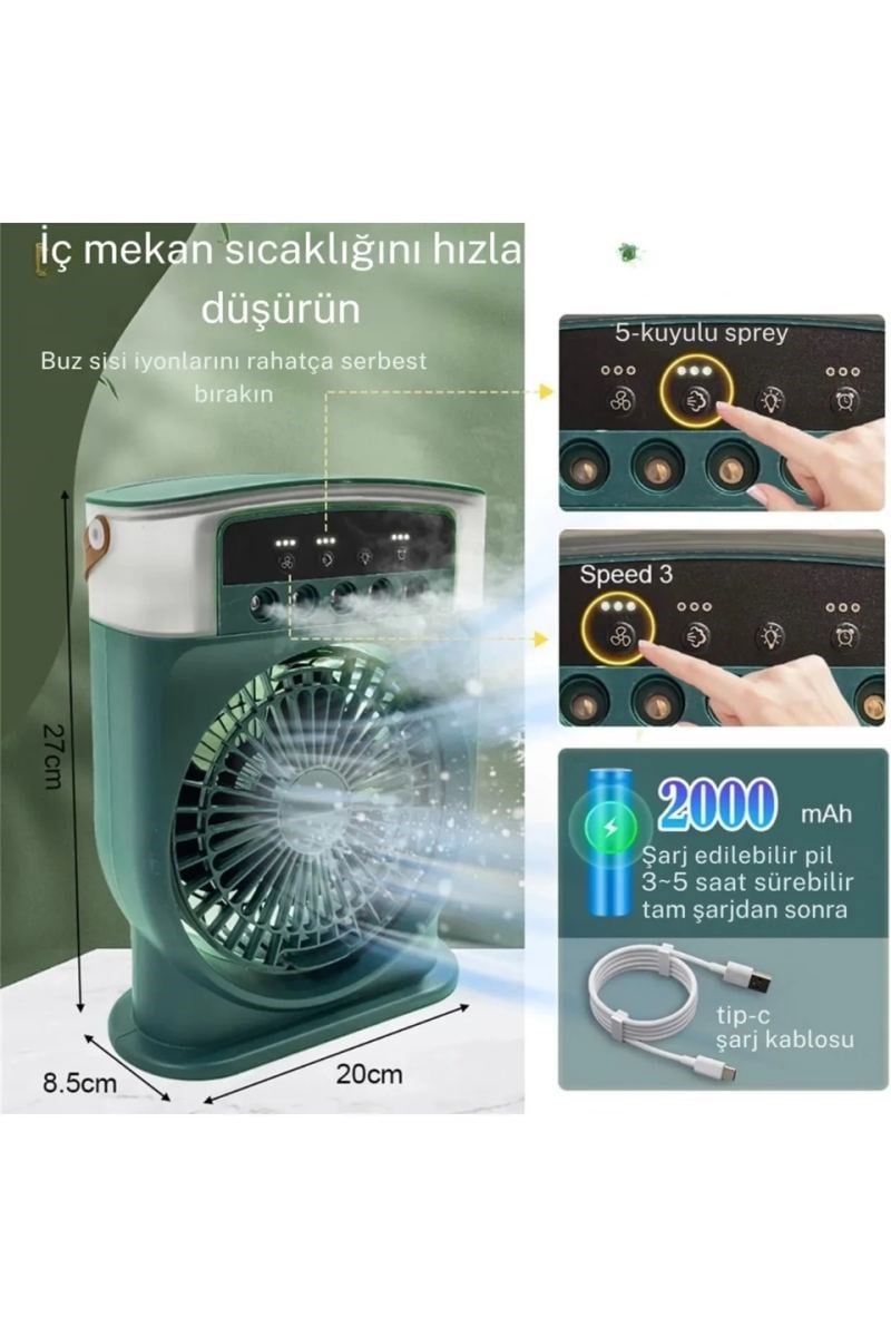 Şarjlı 600 Ml Su Hazneli Taşınabilir Masaüstü Vanilatör  Güçlü Fan Ve 2000 Mah Pil Siyah