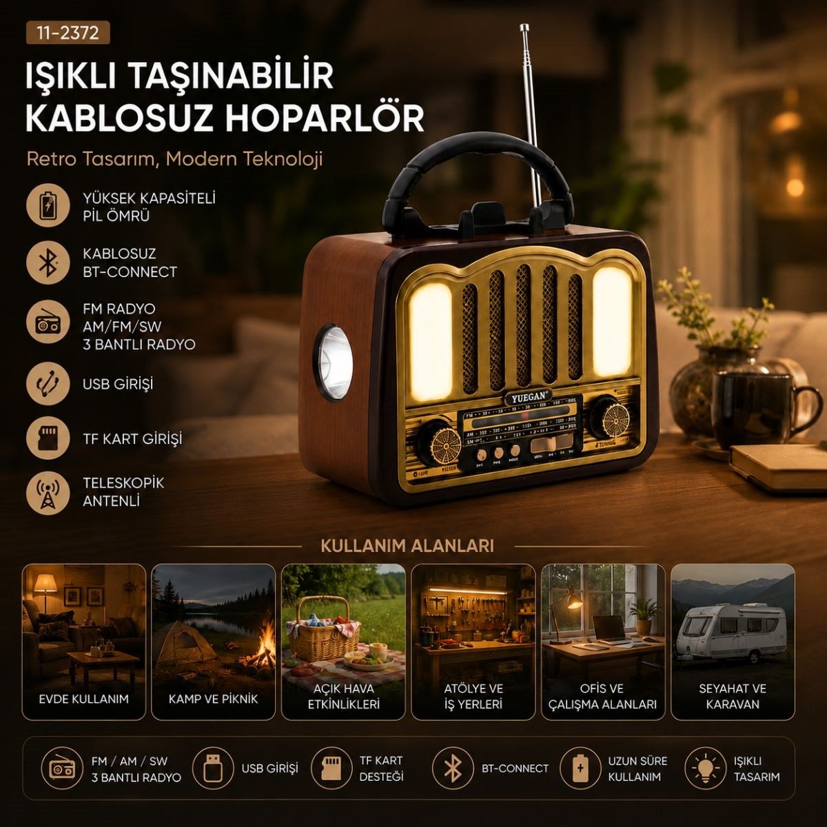 Şarjlı Bluetooth FM Radyo Hoparlör (USB/TF MP3, Nostaljik İbreli)