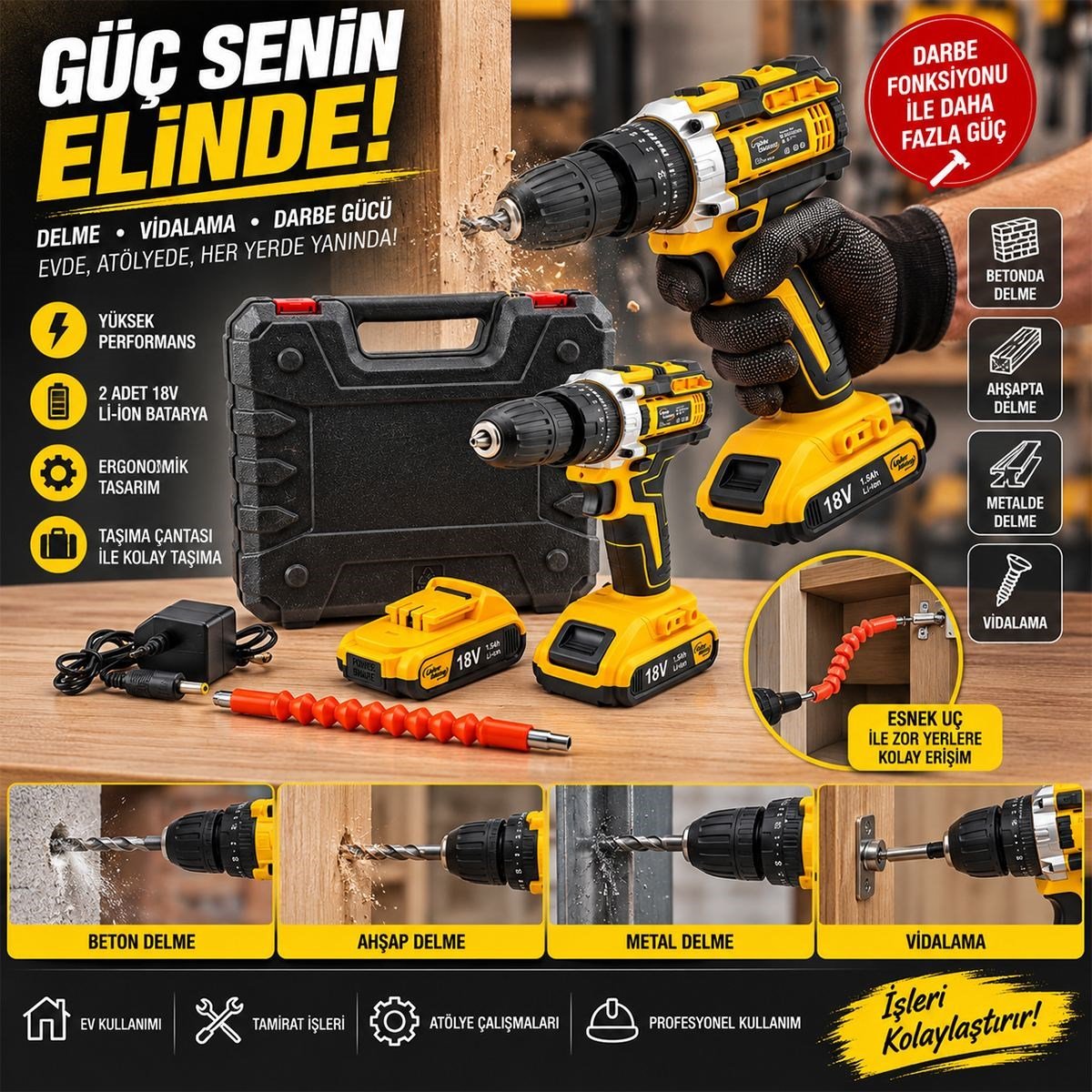 Şarjlı Matkap Seti 1850 RPM 18W Çantalı Yedek Bataryalı (Sarı)