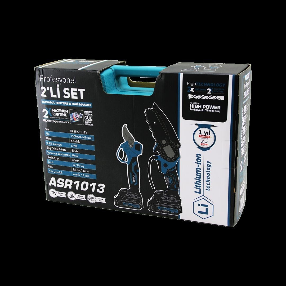 Şarjlı Zincirli Budama Testere 18V 1500mAh (6-8 inç) 2'li Set + Bağ Makası