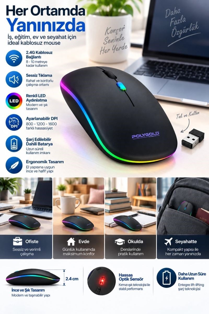 Sessiz Tıklama 800 1200 1600 Dpı Ayarlanabilir Mouse