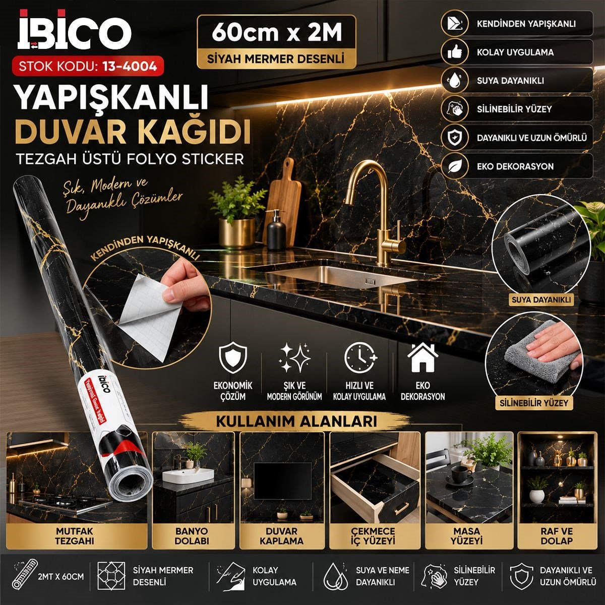 Siyah Mermer Desenli Kendinden Yapışkanlı Tezgah Folyosu 2m x 60cm