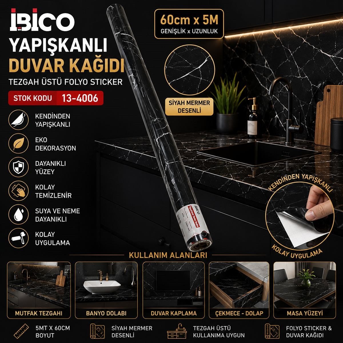 Siyah Mermer Desenli Kendinden Yapışkanlı Folyo Sticker 5m x 60cm